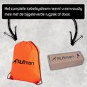 Oranje Ruffman rugzak en kartonnen doos, bedoeld voor het complete kabelsysteem.