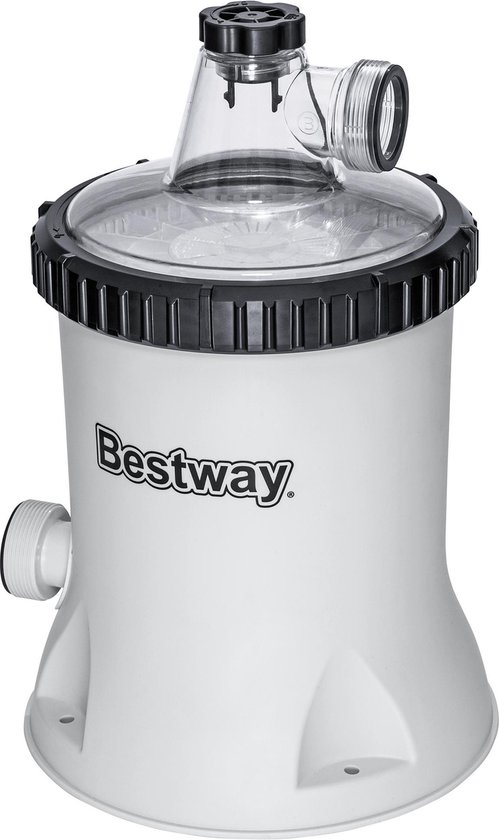 Witte Bestway filterpomp met transparante deksel en zwarte aansluitingen, met een zijdelingse aansluiting en een bovenaansluiting.