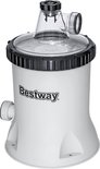 Witte Bestway filterpomp met transparante deksel en zwarte aansluitingen, met een zijdelingse aansluiting en een bovenaansluiting.