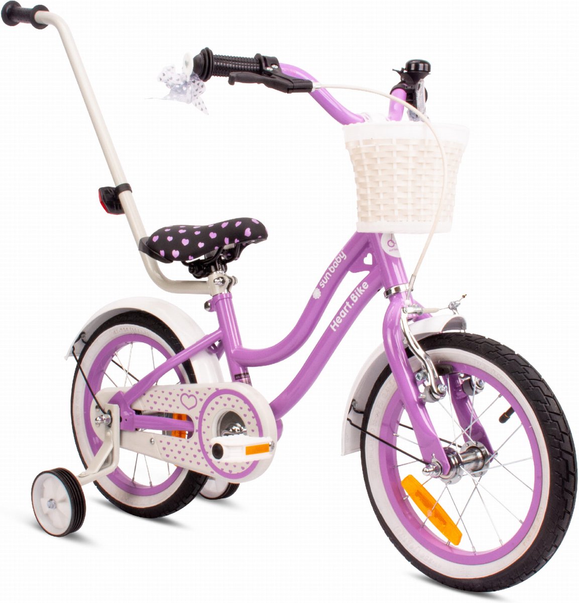 Heart Bike Fiets voor een meisje van 3 tot 5 jaar, 14 inch Paars, met fietsbel, zijwieltjes, duwstang en stuurmandje