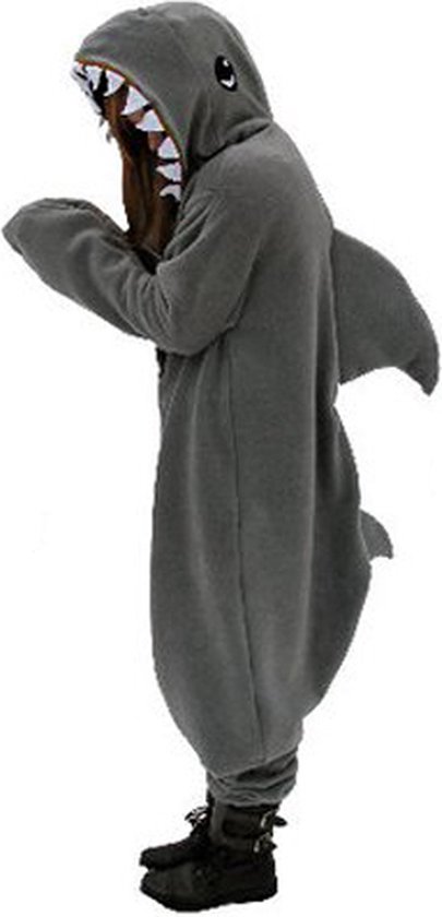 KIMU Onesie Haai Pak - Maat S-M - Haaienpak Kostuum Grijs Vis Shark 158 164 - Jumpsuit Zacht Huispak Dierenpak Pyjama Dames Heren Sinterklaas Kado