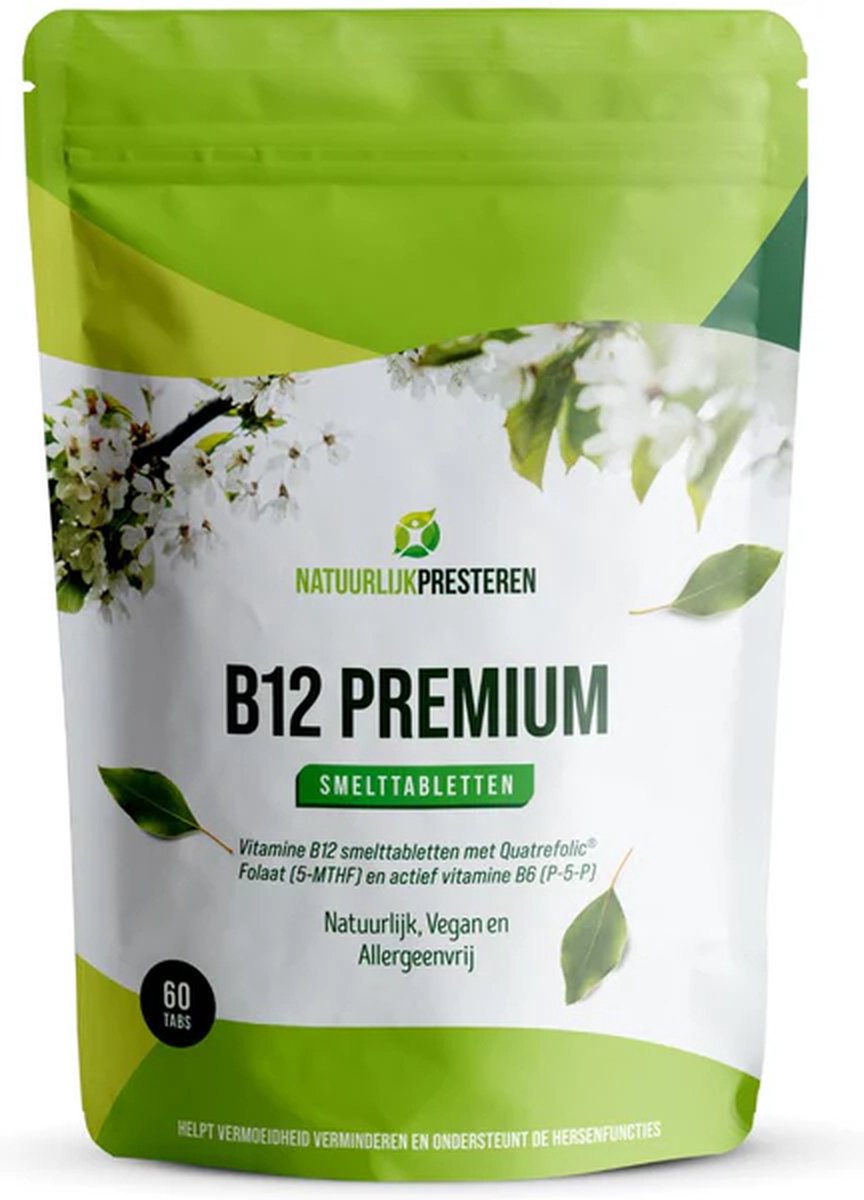 Goedkoopste B12 Premium - 1000 mcg - Smelttablet - Actief vitamine B12, B6 en 5-MTHF folaat - 60 tabs - Aardbei