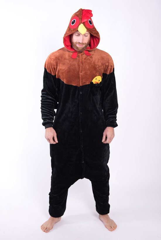 KIMU Onesie Haan Pak - Maat S-M - Hanenpak Kostuum Bruin Zwart Ei Kip 158 164 - Jumpsuit Zacht Huispak Dierenpak Pyjama Dames Heren Halloween
