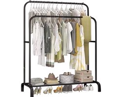 iBright Kledingrek - Garderoberek Met Haken - Metaal - 110x55x150 CM - Opbergruimte Voor Schoenen - Mat zwart poedercoating