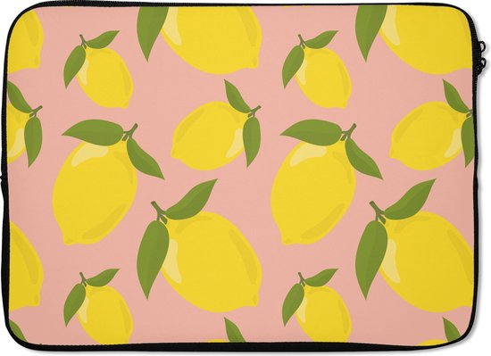 Laptophoes 13 inch - Citroenen - Geel - Roze - Patroon - Vruchten - Laptop sleeve - Binnenmaat 32x22,5 cm - Zwarte achterkant