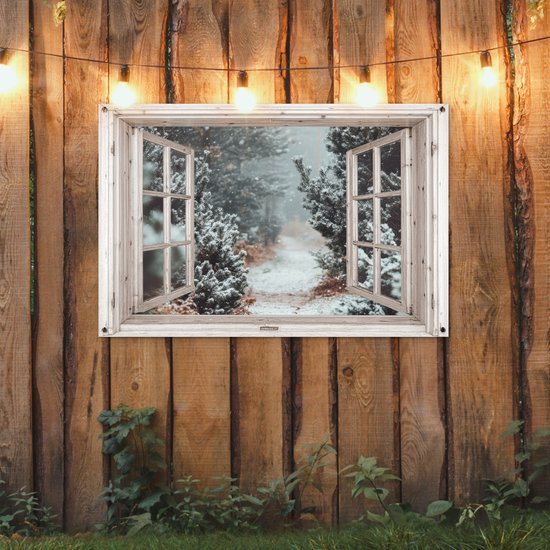 Poster de jardin Forêt - Hiver - Arbres - Nature - Chemin - Transparent - Wit - 120x80 cm - Toile de jardin - Poster extérieur