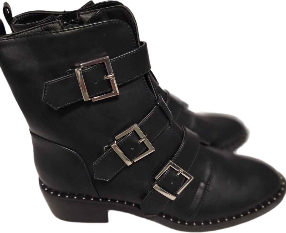 LUCKYSHOES-ENKELBOOTS MET 3 GESPEN-LEDERLOOK-BLACK-41