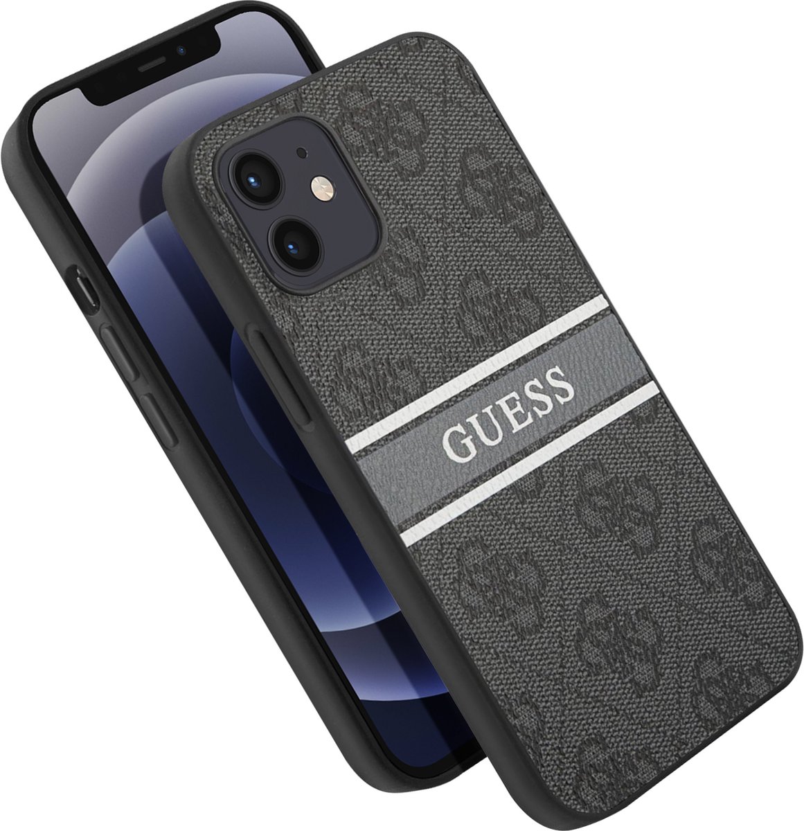 Guess Printed Stripe Back Cover - Geschikt voor Apple iPhone 12/12 Pro - Grijs
