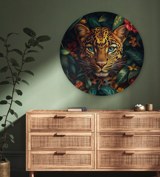 WallCircle - Wandcirkel 90x90 - Luipaard - Natuur - Bloemen - Bladeren - Jungle - Ronde schilderijen woonkamer - Wandbord rond - Muurdecoratie cirkel - Kamer decoratie binnen - Wanddecoratie muurcirkel - Woonaccessoires