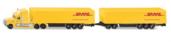 SIKU 1806, Freightliner DHL Road Train, trekker met oplegger en aanhanger, 1:87, metaal/kunststof, geel, afneembare aanhanger
