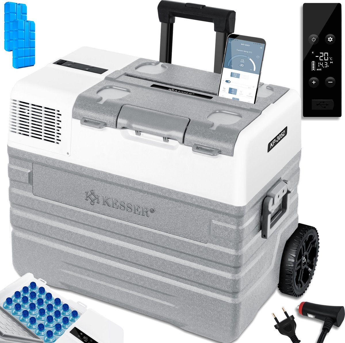 KESSER® Compressor Koelbox Elektrische Frigobox, met APP-bediening USB-aansluiting 12/24 V 230V, +Telescopische stangwielen tot -20 °C - 42L, 52L, Koelbox voor auto, vrachtwagen, boot, camper, camping - 52 Liter, Grijs
