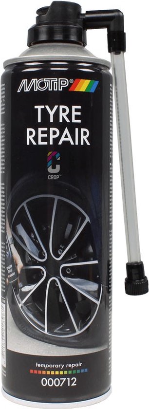 Zwarte spuitbus met "TYRE REPAIR" en een afbeelding van een zwarte velg.