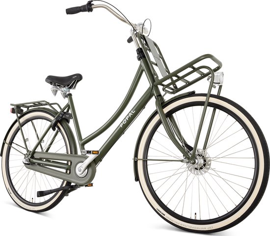 Legergroene transportfiets met bagagedrager voor en achter, en witte velgen.