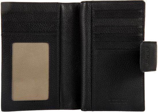 Portefeuille noir ouvert avec compartiment pour documents à grille et logo BRICS sur le bouton-pression.