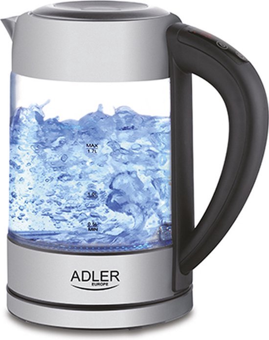 Glazen waterkoker met RVS, zwart handvat en blauw oplichtende basis.