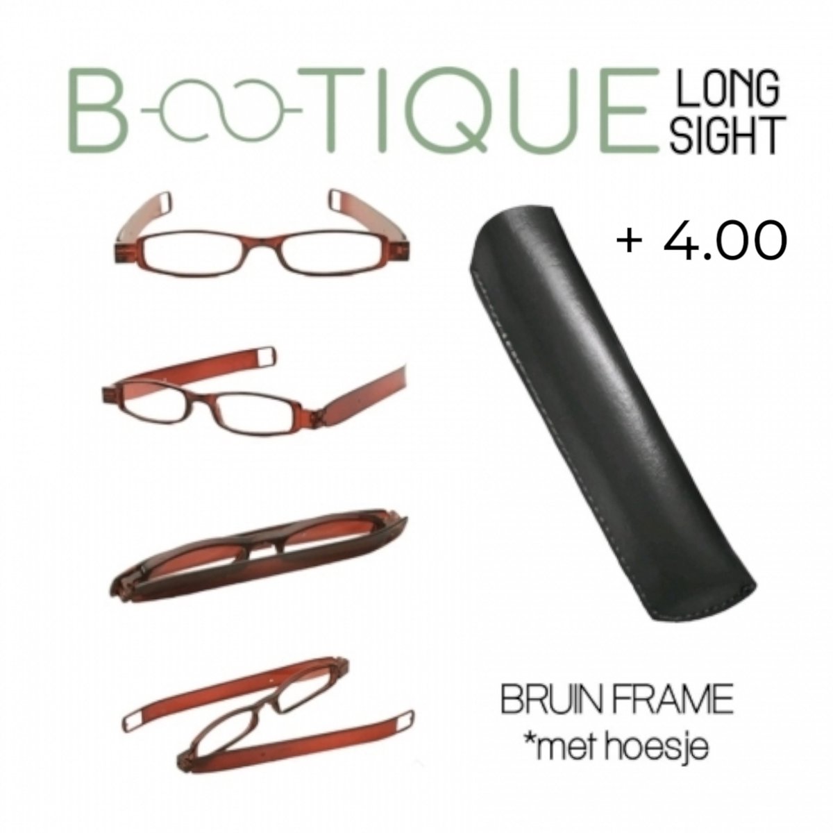 Het Appeltje Huiscollectie - BLS (Bootique Long Sight) - Modieuze bruine, platte, smalle en vouwbare leesbril in zwarte pu-leder etui - DPD +4.00 kunststof lens / brillenglas - volwassenen jeugd - unisex - casual