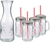 alpina Verres à boire et carafe à eau – Carafe (1 L) avec 4 bocaux Mason (420 ml) – Verres à eau avec couvercles et Pailles – Verres à boire pour boissons froides – Set de Verres pour la maison et les fêtes