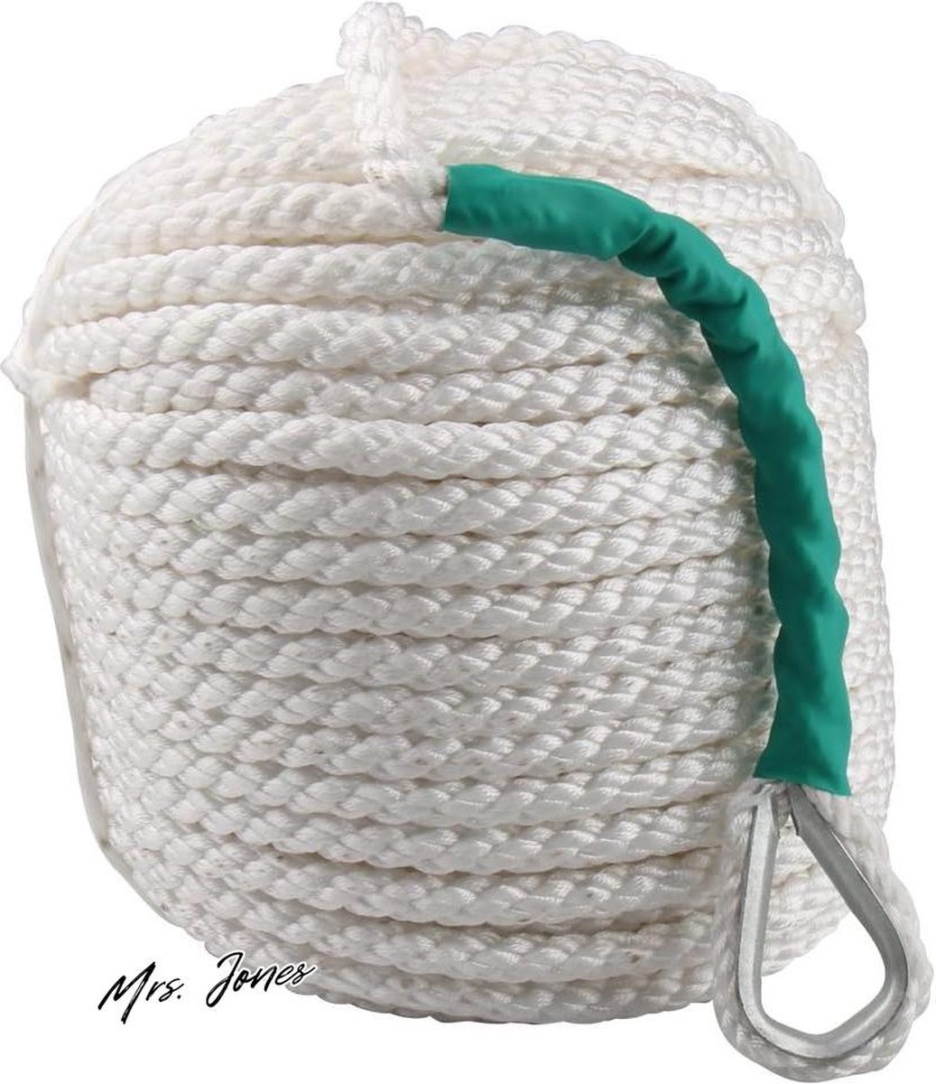 Mrs. Jones Premium Collection Drie-strengen gevlochten nylon ankertouw - 12 mm - 30 m - Voor zeilboot - Slee lijn .