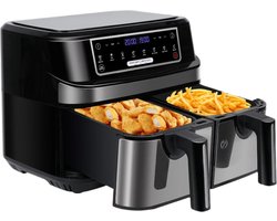 Digitale Airfryer - PFAS vrij - Groot 9 Liter - Heteluchtfriteuse - Zwart - Digital screen - 8 Voorinstellingen - Inclusief in hoogte verstelbaar Grillrack - 2 onafhankelijke 4,5L lades - met LED-touchscreen