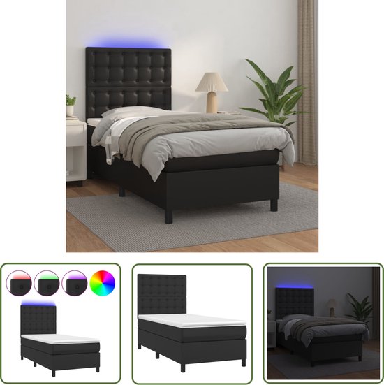 The Living Store Boxspring avec matelas et LED similicuir noir 80x200 cm - Boxspring - Lampe LED - Similicuir - Tête de lit réglable électriquement - Matras ensachés