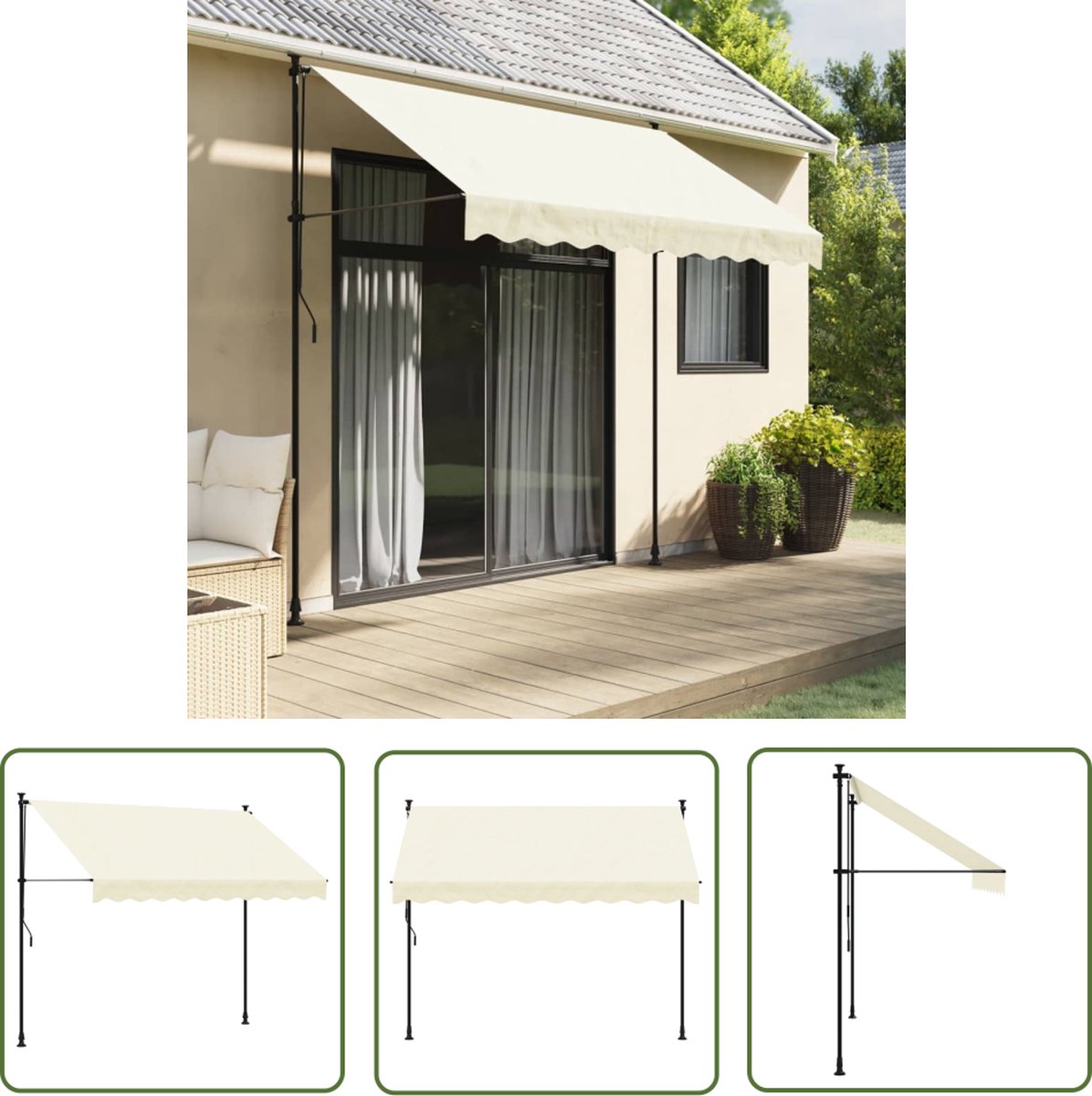 Uittrekbare crèmekleurige luifel van 250x150 cm met stof en staal, geschikt voor tuin, veranda en zonnebescherming.
