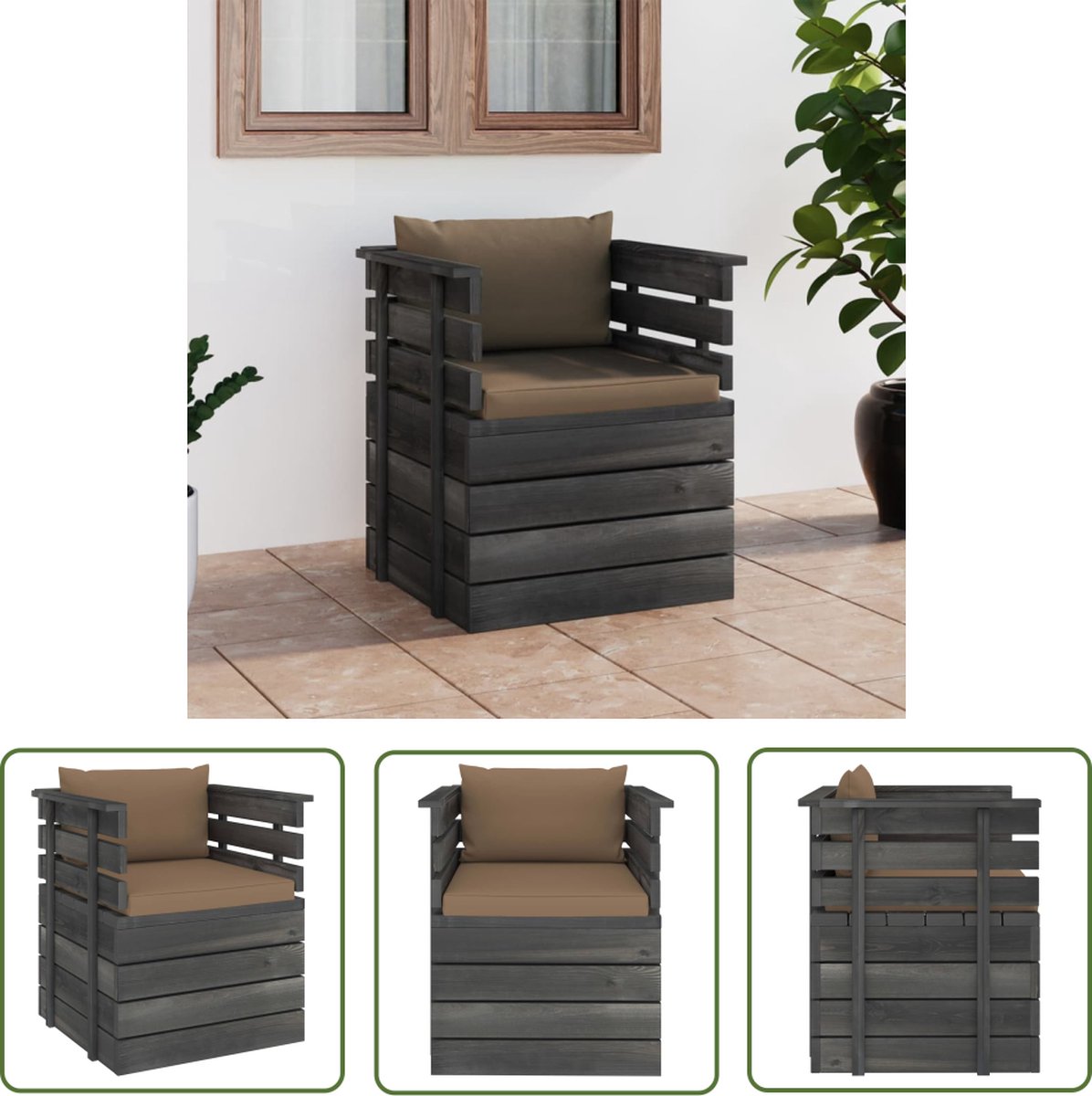 vidaXL Lounge Stoel - Tuinstoel - Tuinfauteuil met kussens pallet grenenhout - Buitenshuis Zitten - Teak Tafel - Granenhouten Stoel