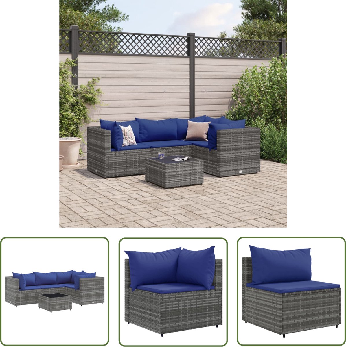 The Living Store 5-delige Loungeset met kussens poly rattan grijs - Loungeset - Lounge Set - Buitendecoratie - Tuinmeubels - Outdoor Furniture
