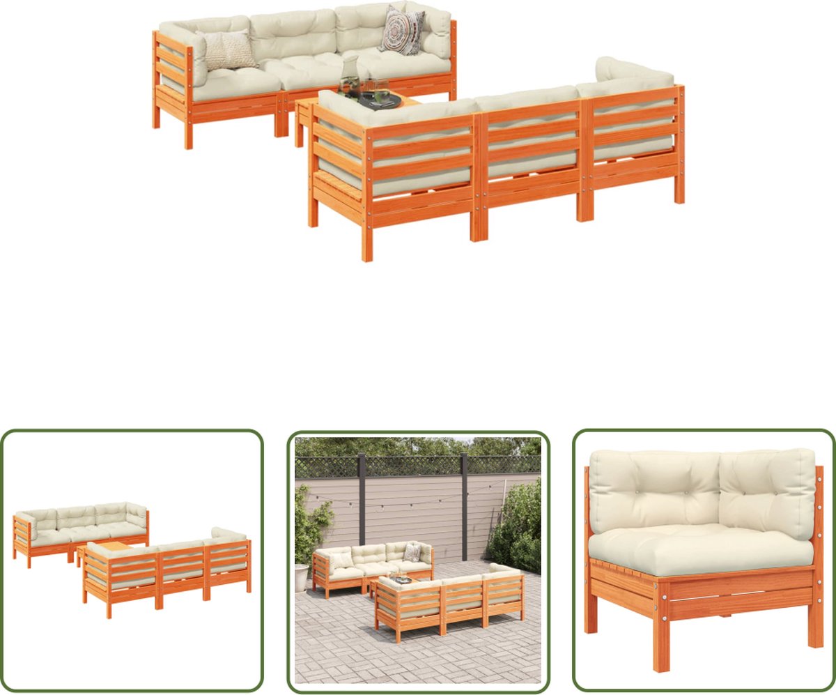 Massief grenenhouten loungeset met wasbruine kussens voor tuinmeubilair.