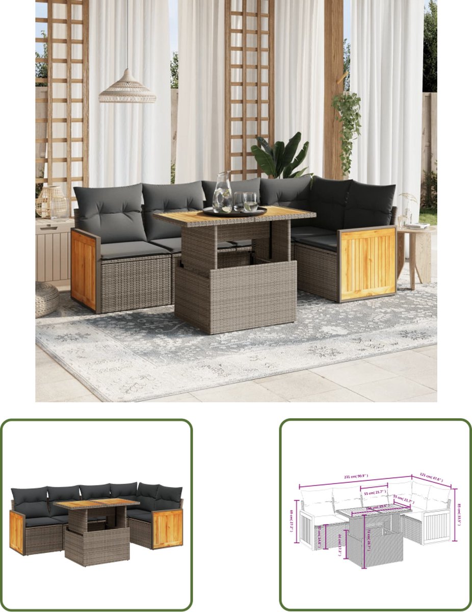 The Living Store 6-delige Loungeset poly rattan beige met kussens