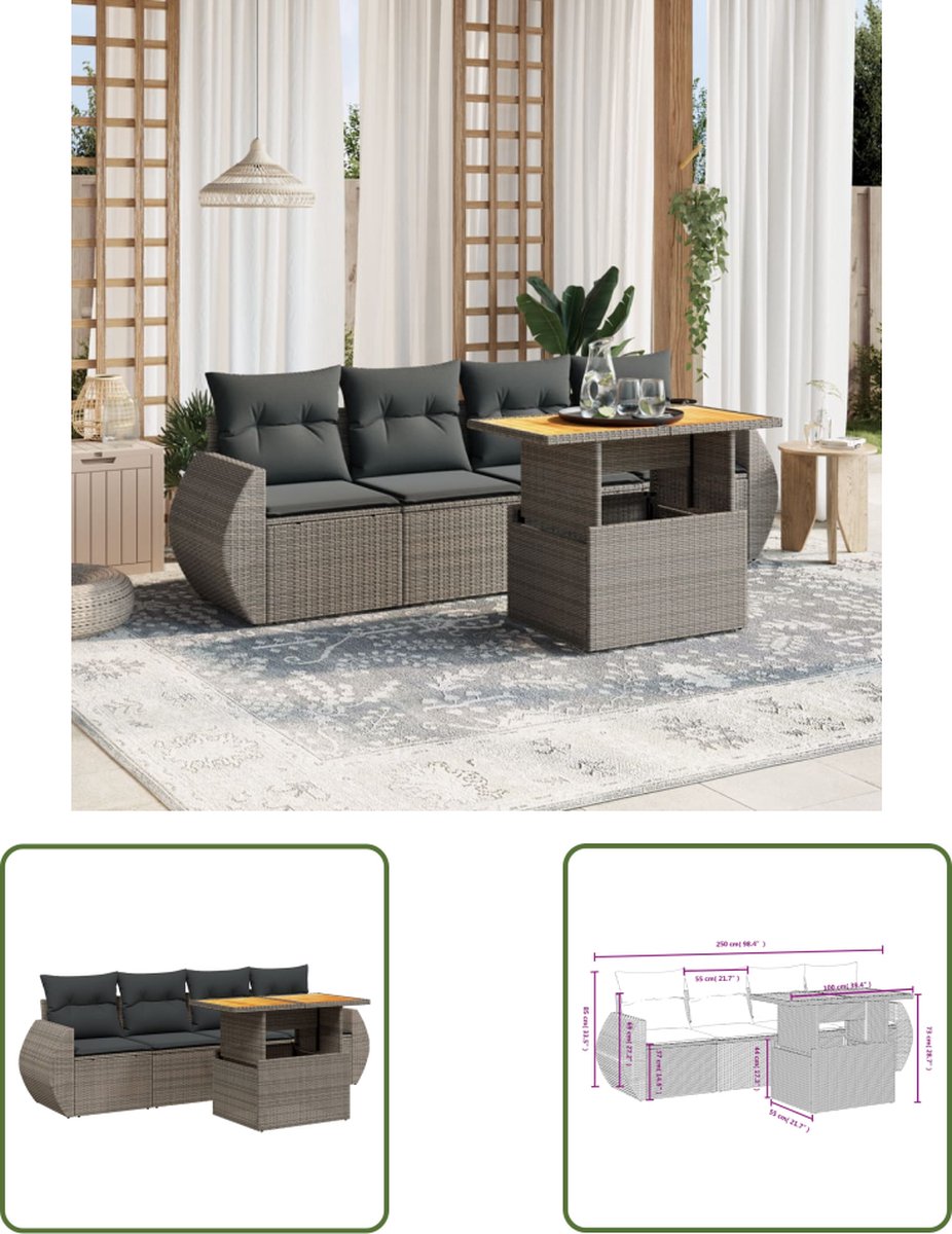 The Living Store 5-delige Loungeset met kussens poly rattan grijs - Loungeset - Tuinset - Buitendecoratie - Lounge Set - Tuinmeubels
