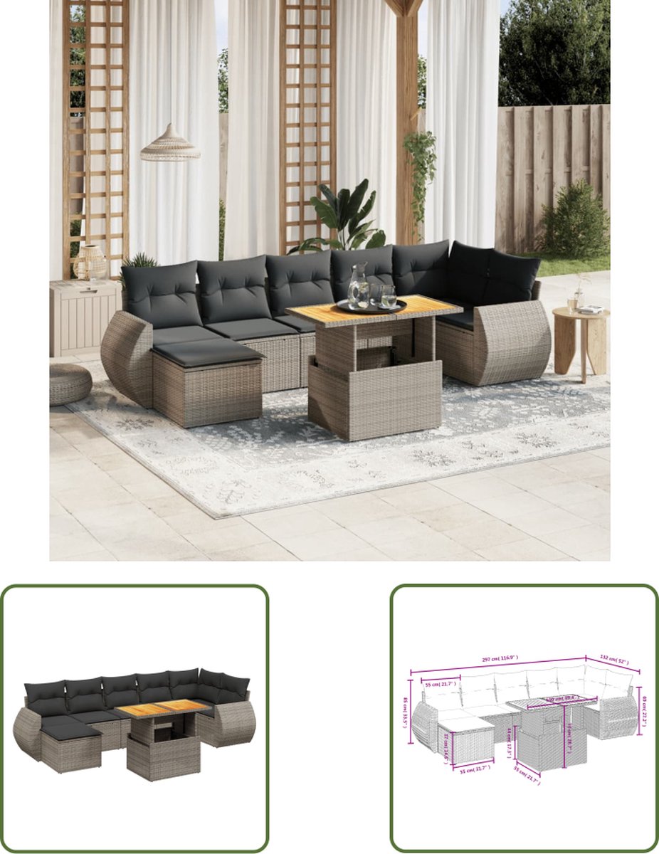 The Living Store 8-delige Loungeset met kussens poly rattan grijs - Loungeset - Set Buitenmeubels - Loungehoek - Tuinstoel - Buitentafel