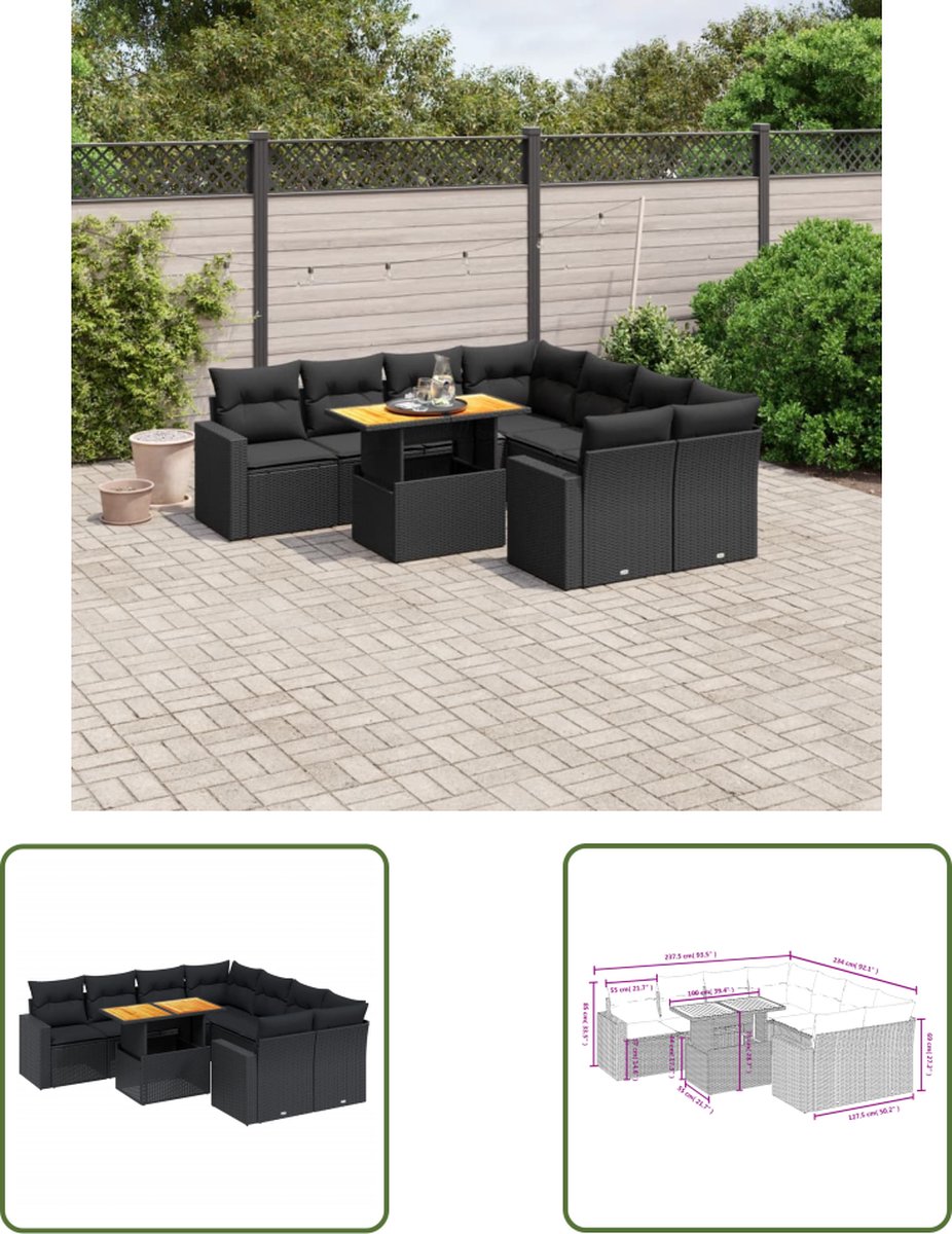 Zwarte poly rattan loungeset met kussens voor buiten - Tuinmeubels.