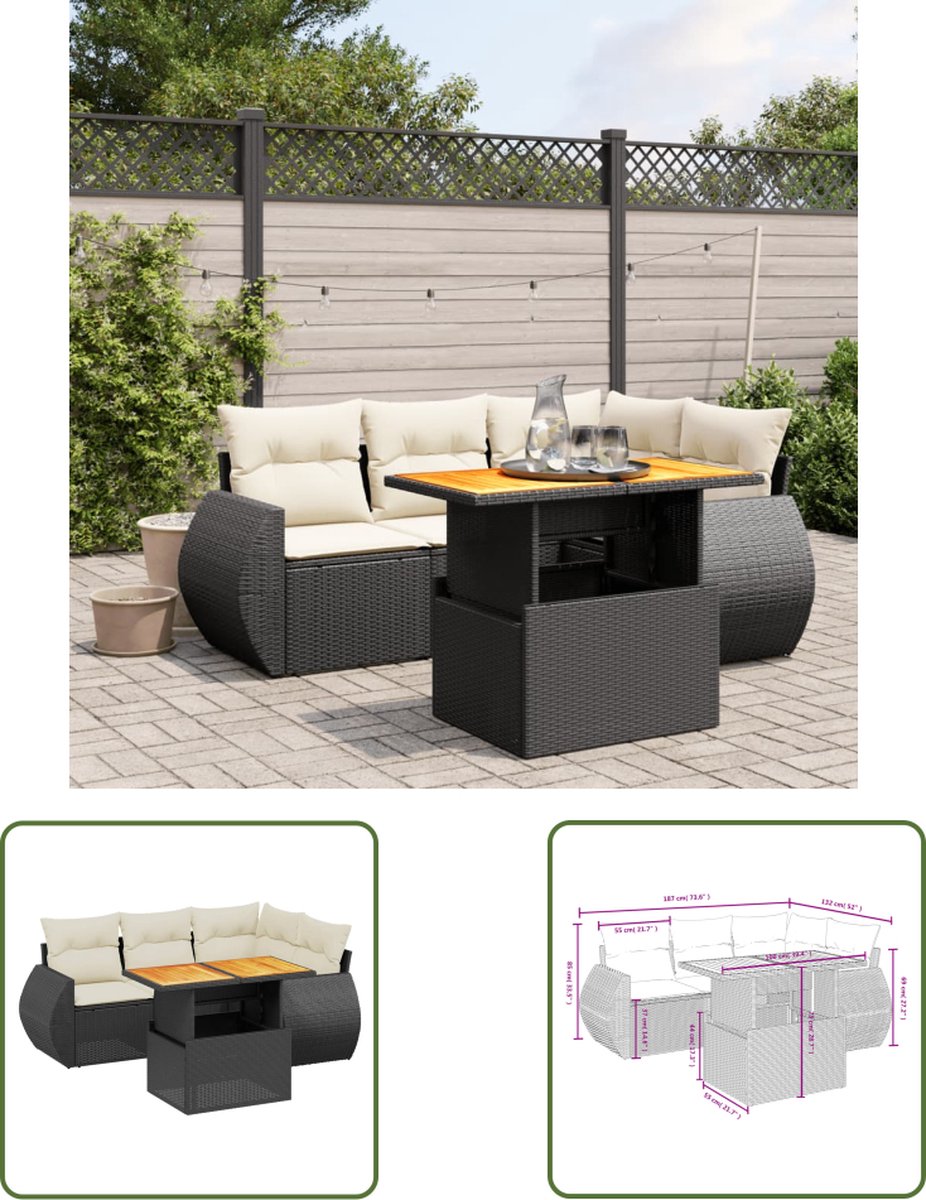 The Living Store 5-delige Loungeset met kussens poly rattan zwart - Loungeset - Tuinset - Lounge - Buitendecoratie - Garden Furniture