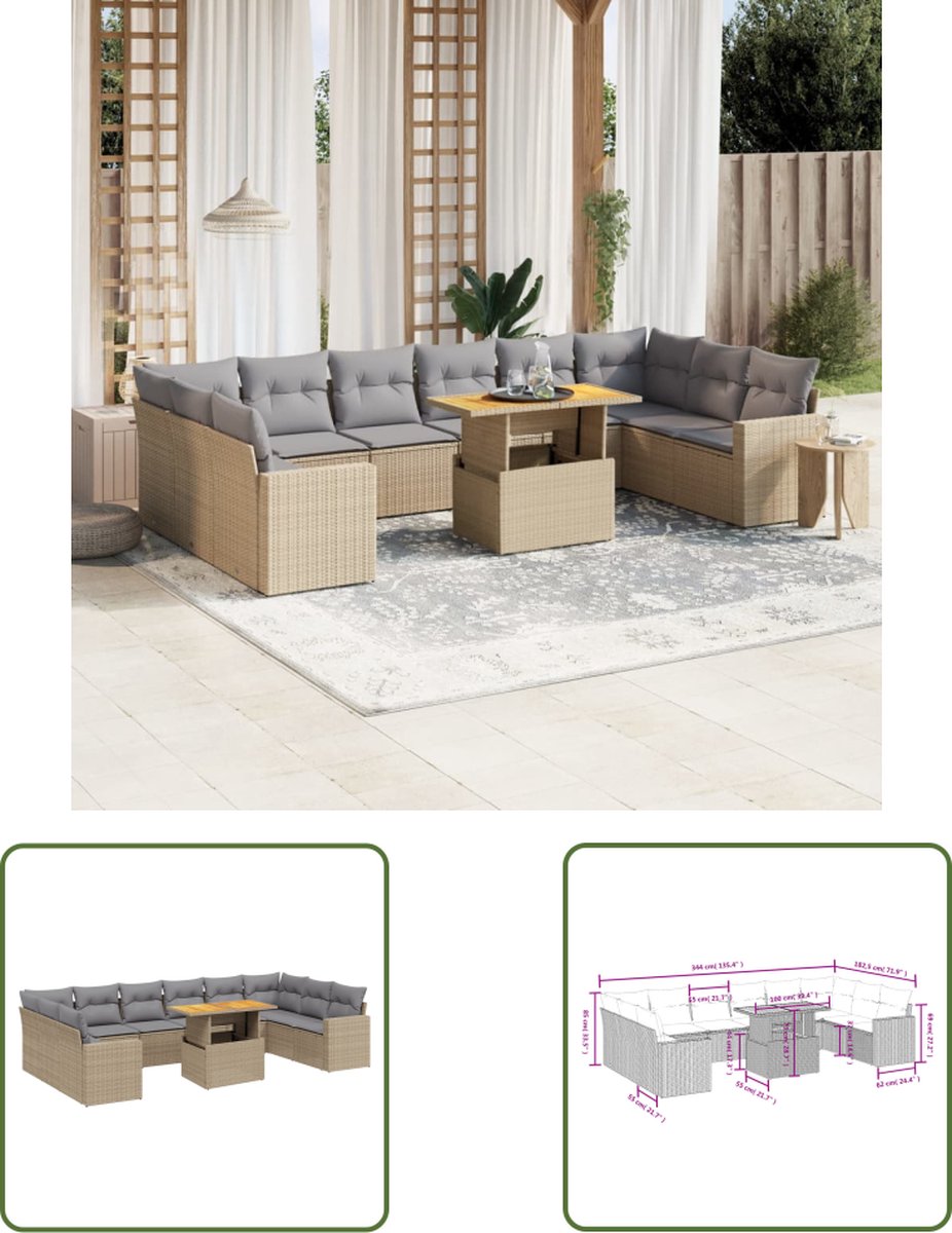The Living Store 11-delige Tuinset met kussens poly rattan beige - Loungebank - Lounge Set - Buitendecoratie - Tuinstoel - Tuinbank