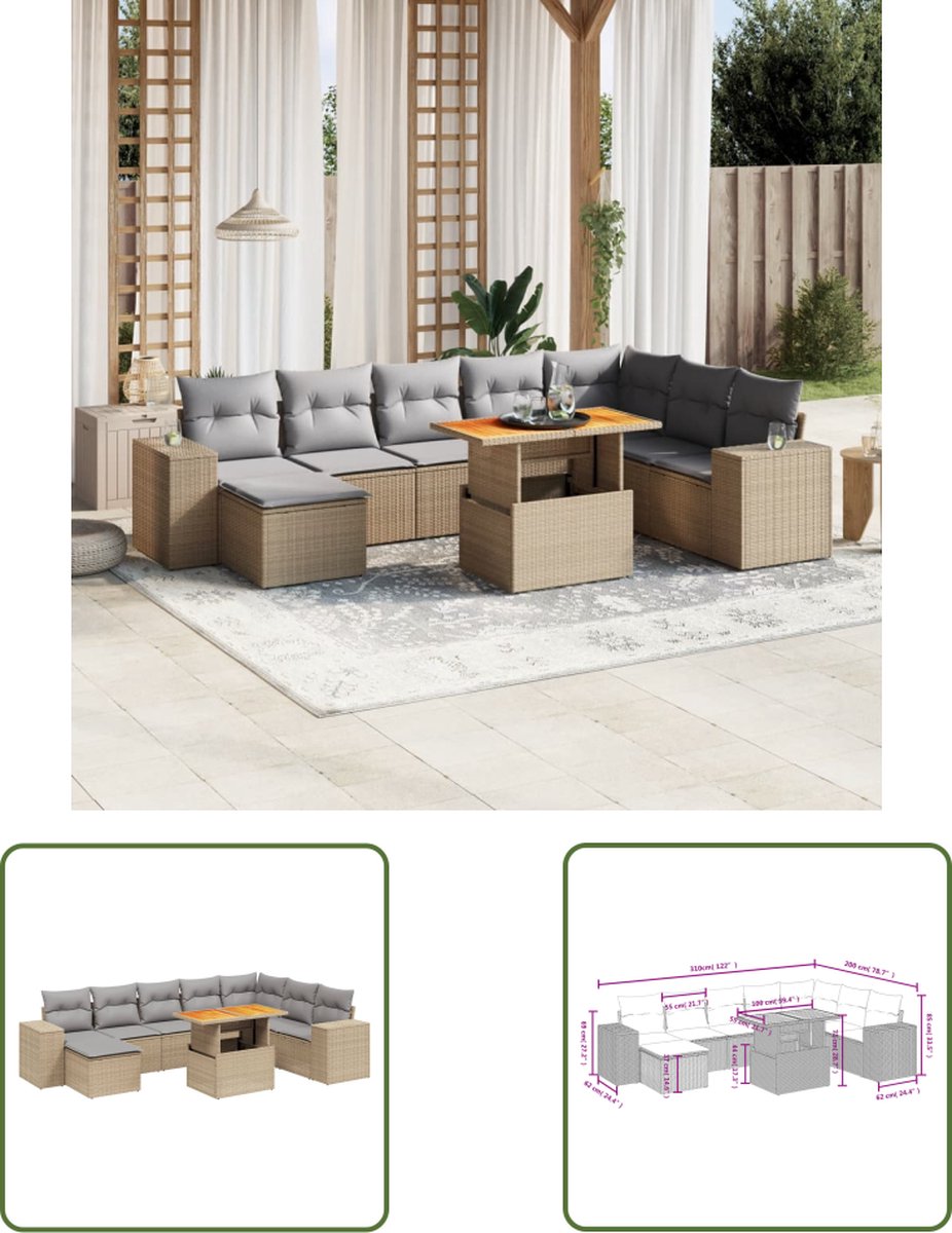 Tuinloungeset beige poly rattan met kussens - Buitendecoratie - The Living Store