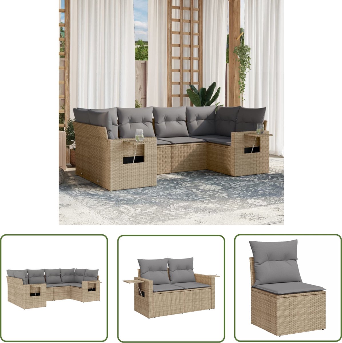 The Living Store 6-delige Loungeset met kussens poly rattan beige - Loungebank - Lounge Set - Tuinset - Buitendecoratie - Tuinlounge
