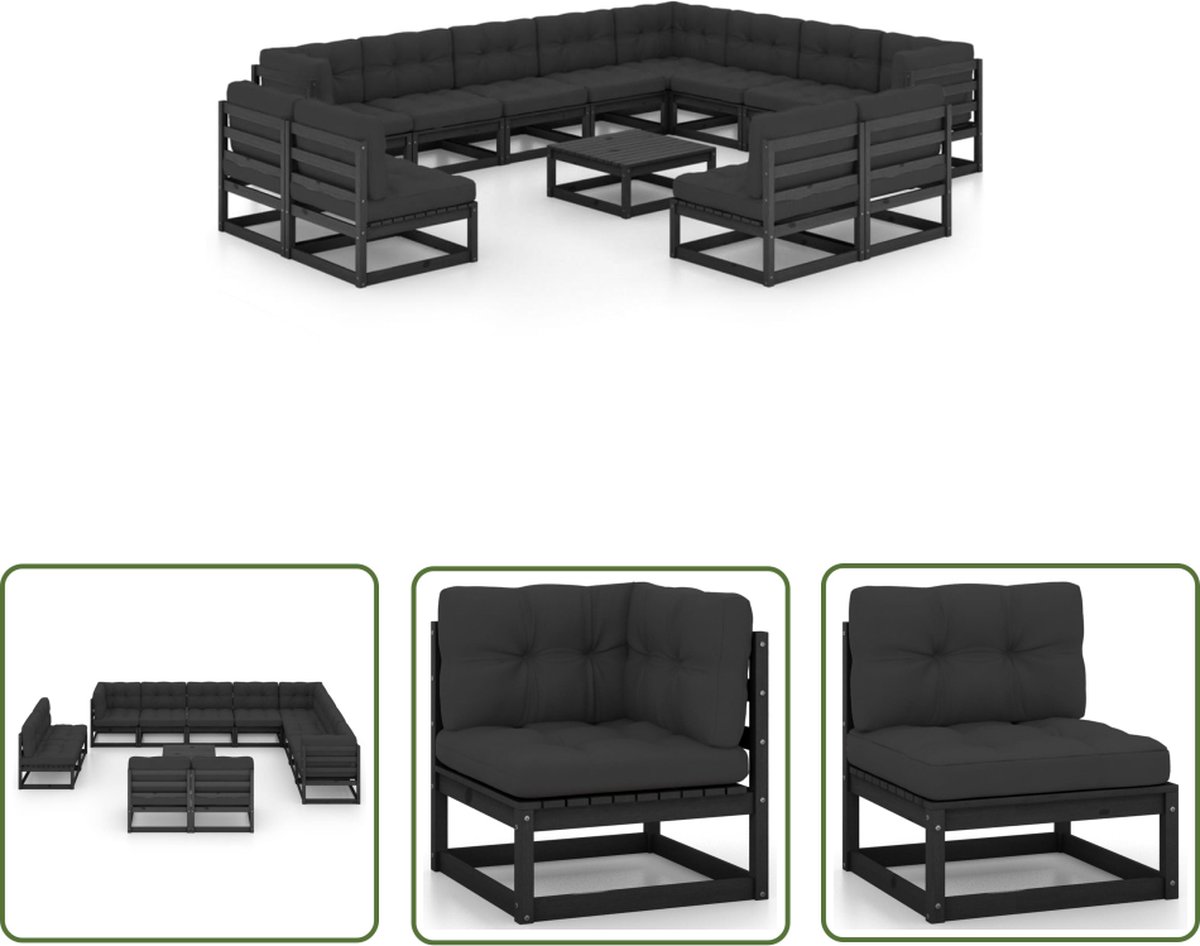 The Living Store 13-delige Loungeset met kussens massief grenenhout zwart - Tuinmeubles - Lounge Set - Houten Tuinmeubels - Grenenhout - Zwarte Tuinstoel