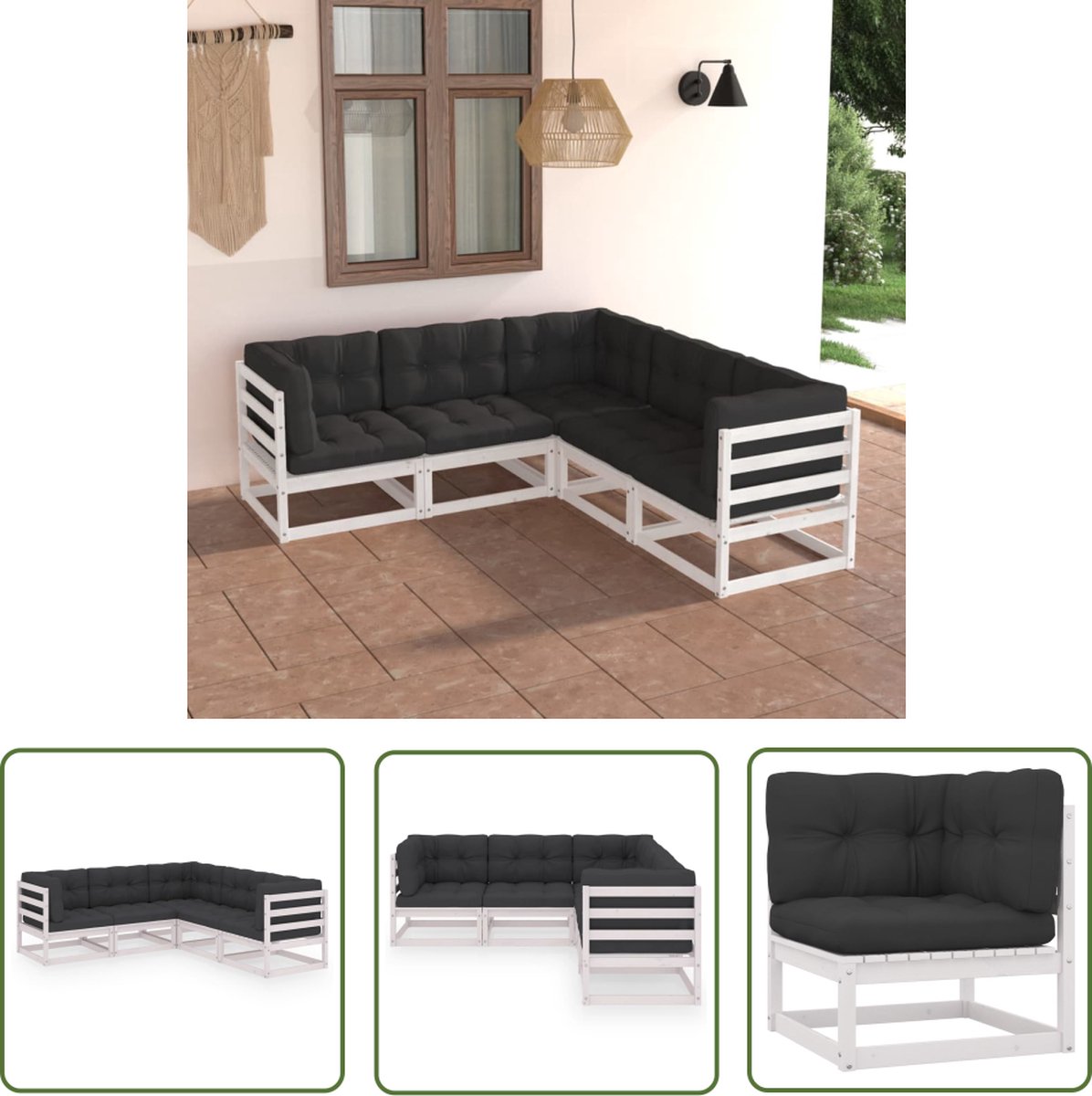 Massief grenenhouten loungeset met comfortabele kussens - Tuinmeubel in natuurlijke tinten.