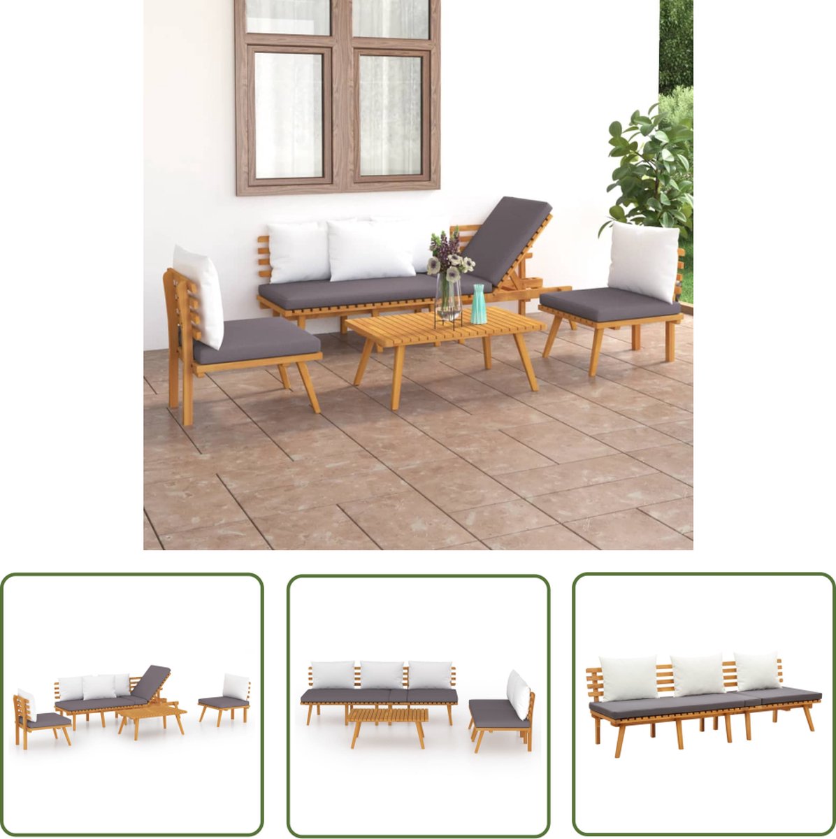 The Living Store 4-delige Loungeset met kussens massief acaciahout - Houten Tuinset - Lounge Set - Tuinlounge - Acacia Hout - Buitentuinmeubels