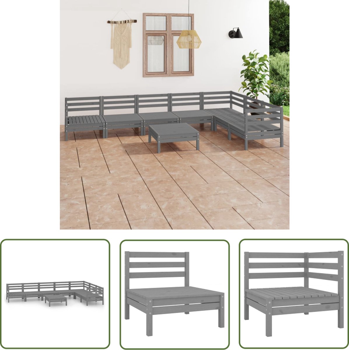 The Living Store 8-delige Loungeset massief grenenhout grijs - Tuinmeubles - Lounge Set - Houten Tuinmeubels - Outdoor Furniture - Patio Set