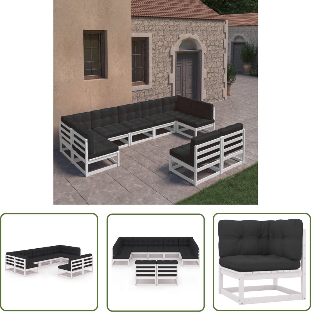 The Living Store 9-delige Loungeset met kussens massief grenenhout wit - Loungeset - Tuinset - Houten Lounge - Tuinmeubels - Grenenhout