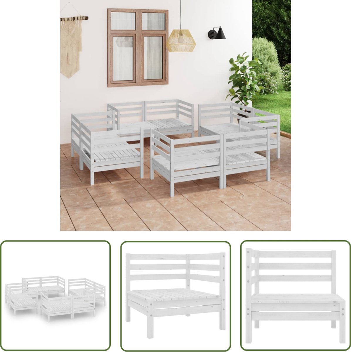The Living Store 8-delige Loungeset massief grenenhout wit - Tuinstoel - Lounge Set - Buitenkamer - Houten Bank - Zitgelegenheid