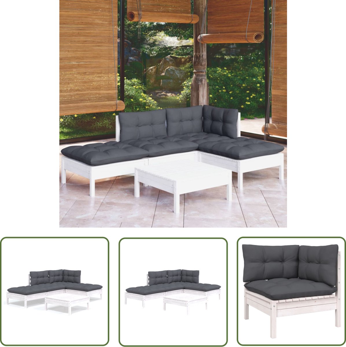 The Living Store 5-delige Loungeset met kussens grenenhout wit - Tuinlounge - Lounge Set - Loungestoel - Buitendiner - Tuinset