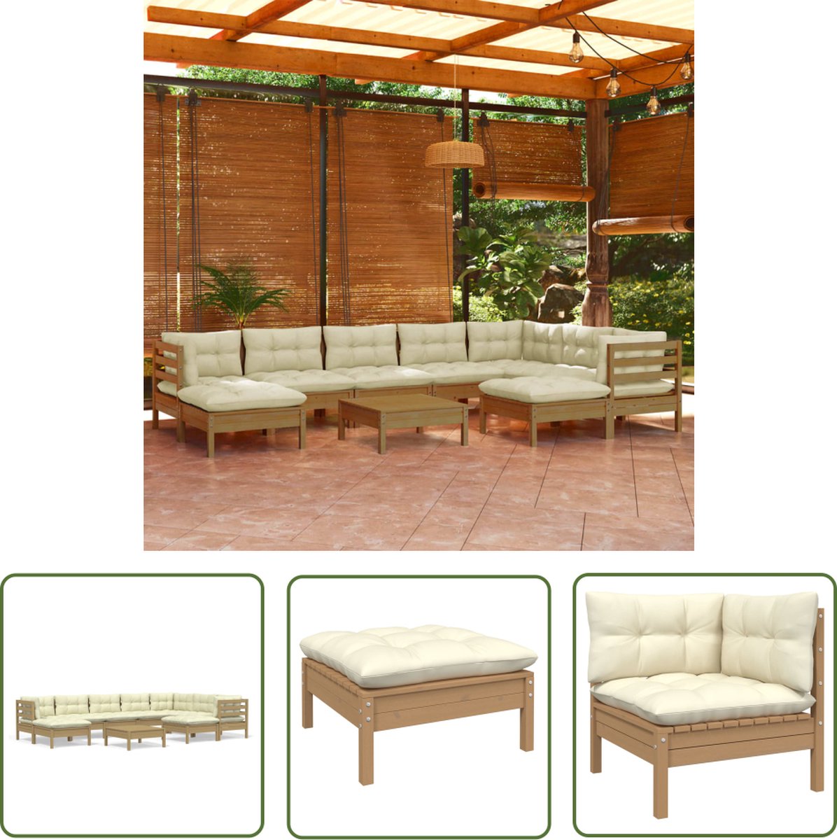The Living Store 10-delige Loungeset met kussens grenenhout honingbruin - Loungeset - Tuinlounge - Lounge Stoel - Buis Meubel - Houten Loungestoel