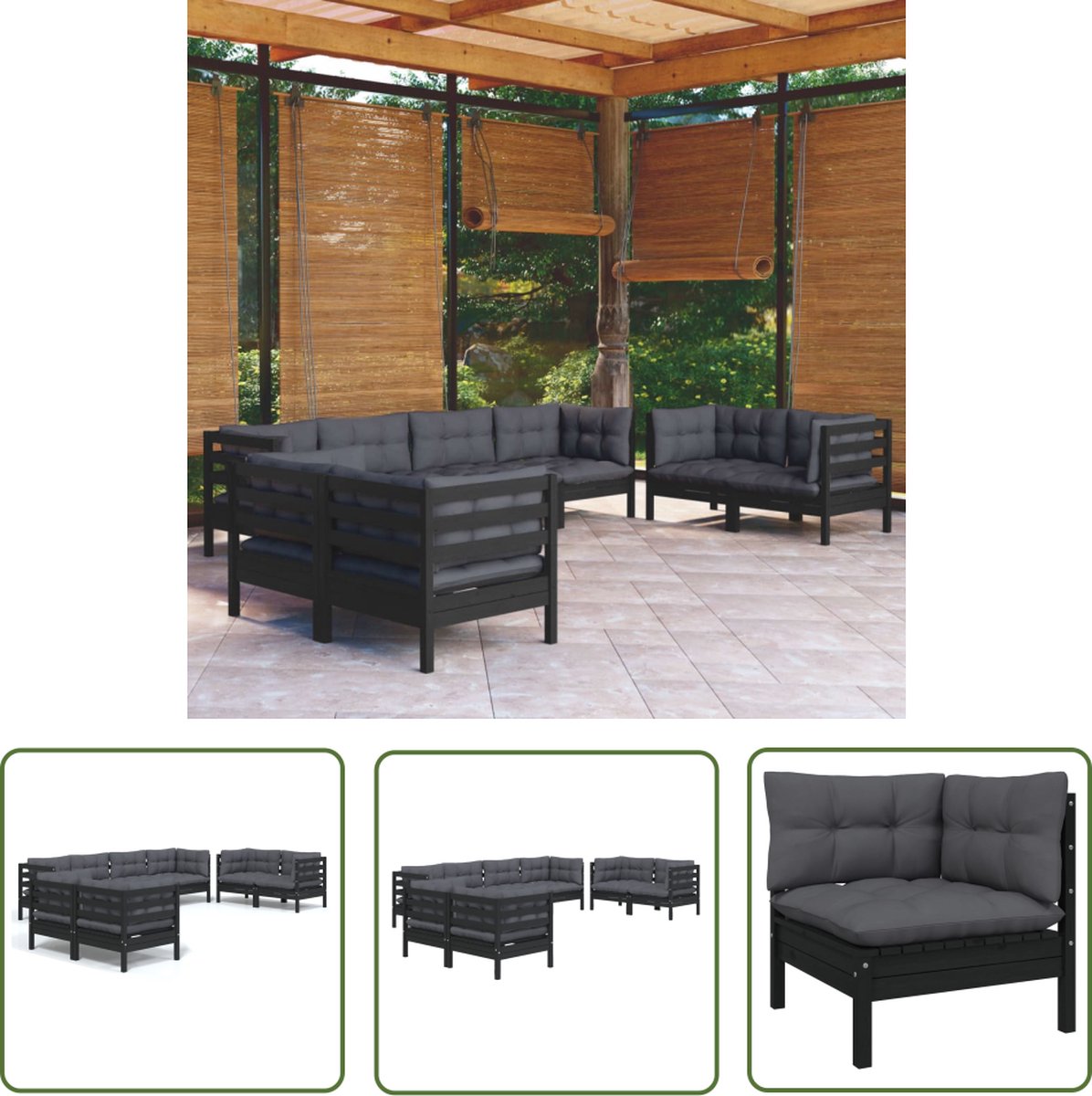 Massief grenenhouten loungeset met kussens voor tuin en terras.