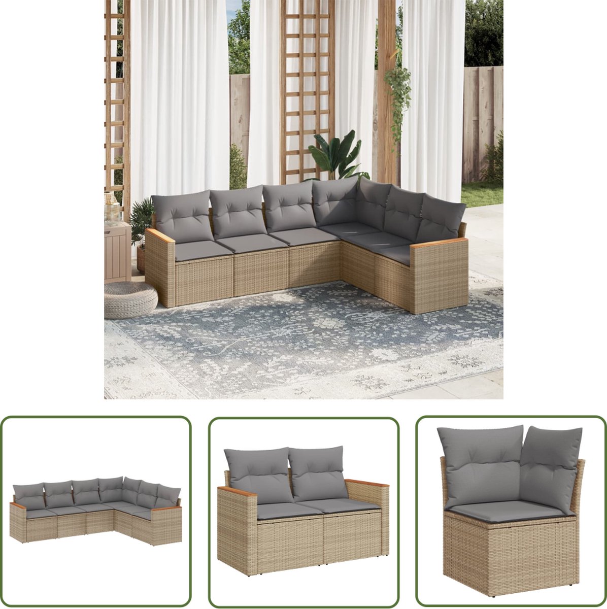 The Living Store 6-delige Loungeset met kussens poly rattan gemengd beige - Loungeset - Tuinset - Lounge - Buitendecoratie - Outdoor Furniture