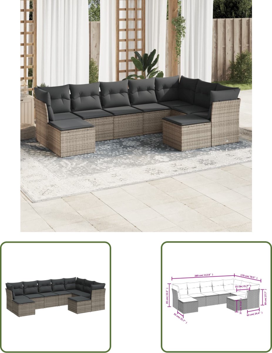 Grijze poly rattan loungeset met kussens voor buiten - Tuinmeubels.