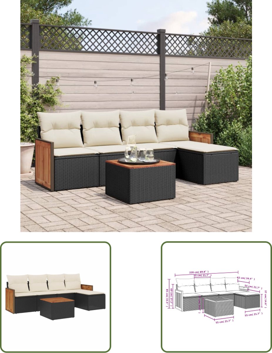 The Living Store 6-delige Loungeset met kussens poly rattan zwart - Loungeset - Set Lounge - Tuinlounge - Outdoor Furniture - PE Rattan