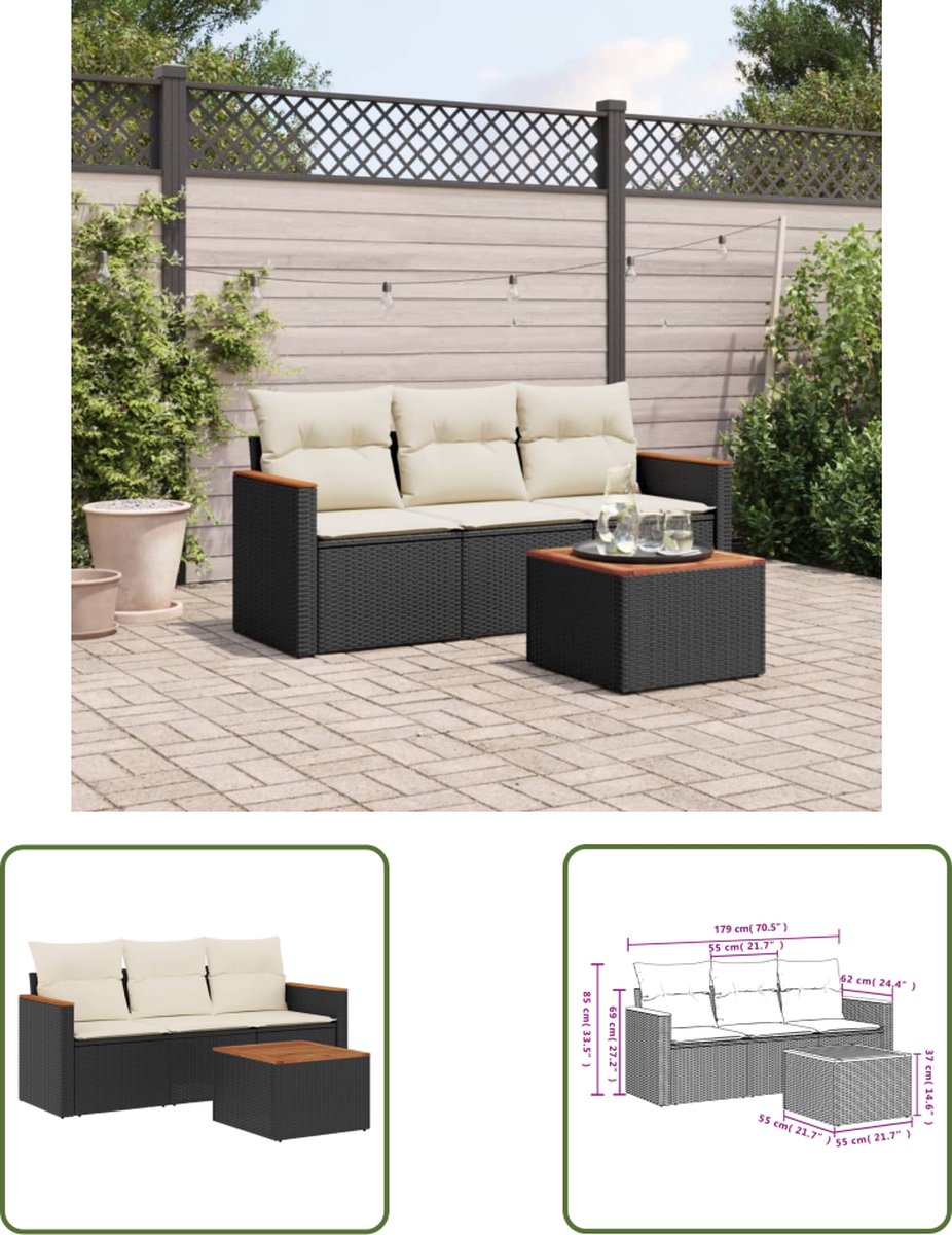 The Living Store 4-delige Loungeset met kussens poly rattan zwart - Loungeset - Tuinmeubels - Lounge Set - Pe Rattan - Zwarte Loungebank