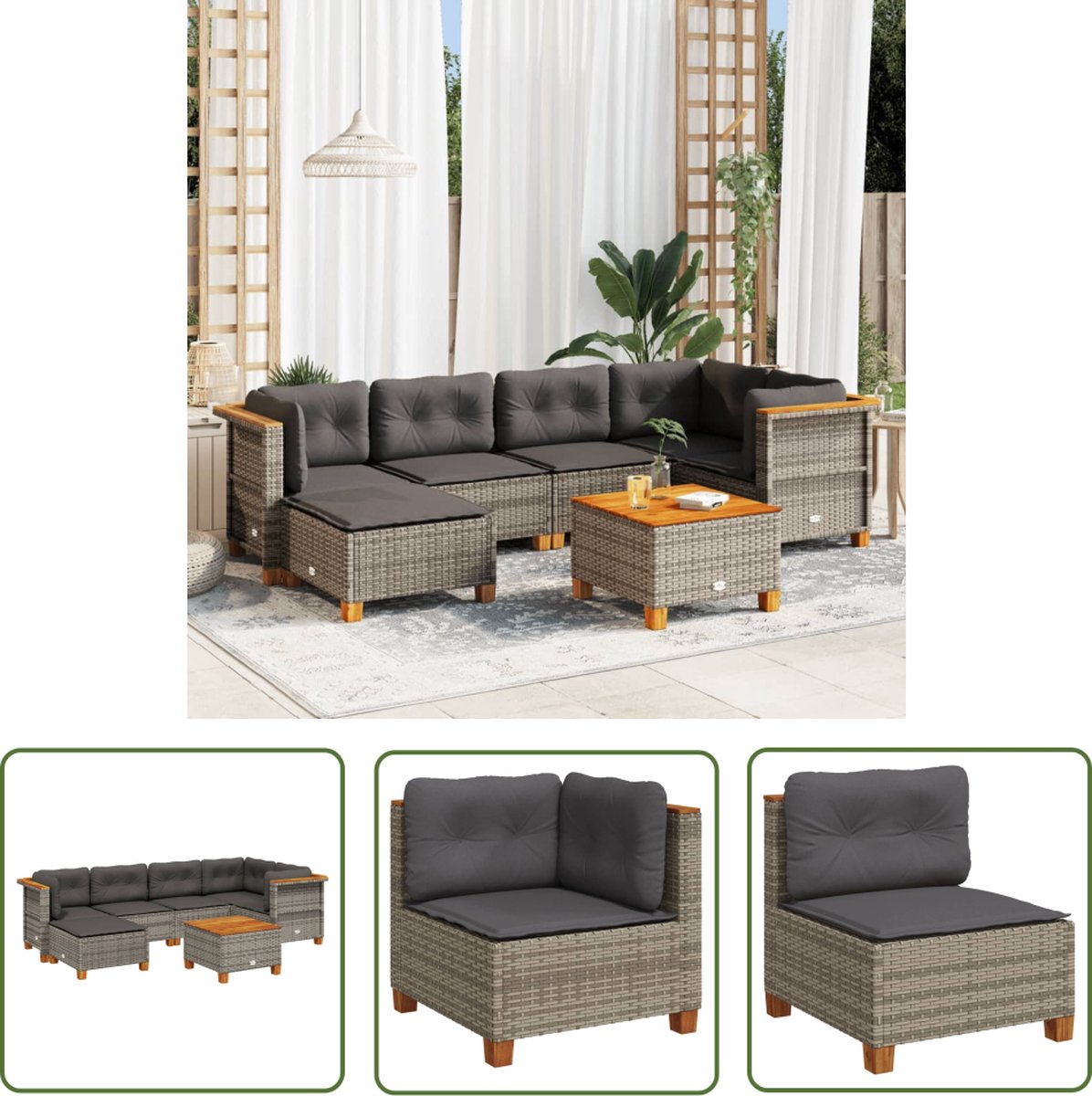 The Living Store 7-delige Loungeset met kussens poly rattan grijs - Loungeset - Tuinlounge - Buitendecoratie - Lounge Set - PE-rattan